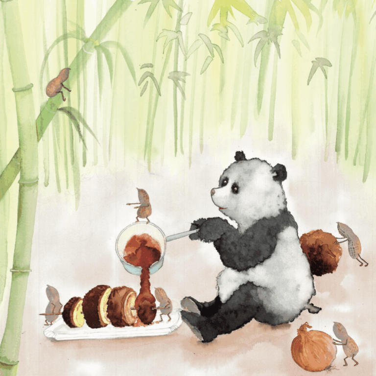 a panda holding a spoon to a plate of food