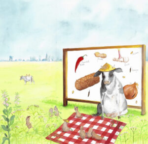 Aquarel van een koe met een Amersfoortse kroket op een picknickkleed in de wei