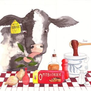 Aquarel van een koe met ingrediënten voor Vlaams stoofvlees
