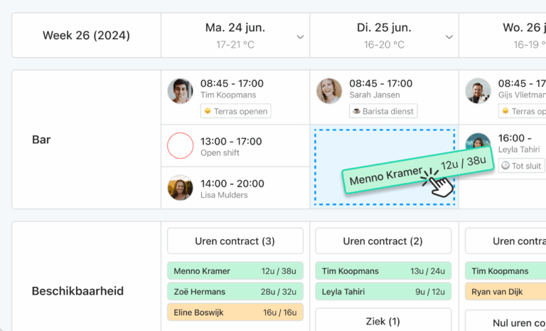 Rooster met diensten en beschikbaarheid