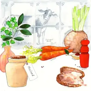 Aquarel van een koe met ingrediënten voor de ambachtelijke rundvleeskroket