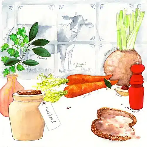 Aquarel van een koe met ingrediënten voor de ambachtelijke rundvleeskroket