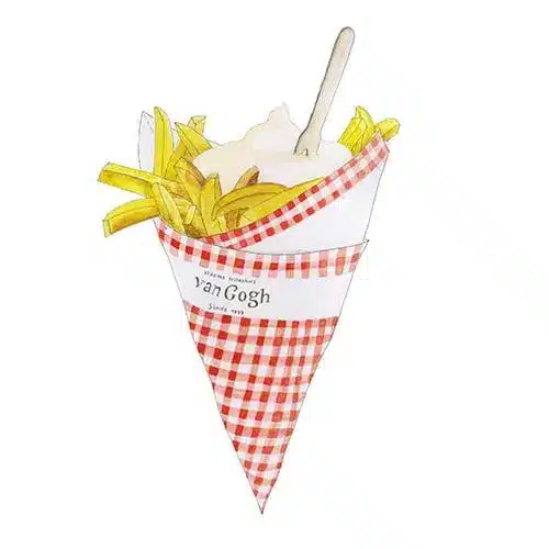 Aquarel van een puntzak friet met mayonaise van Frituur Van Gogh