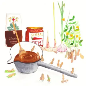 Aquarel van ingrediënten voor saté met satésaus