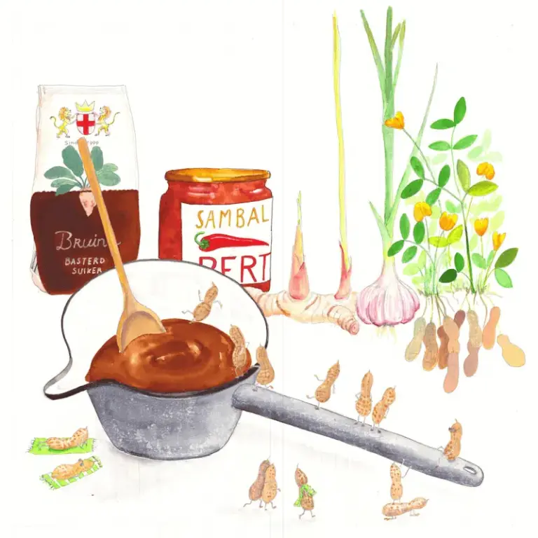 Aquarel van ingrediënten voor saté met satésaus
