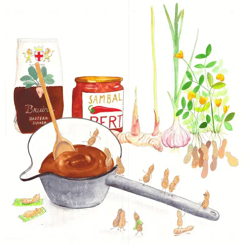 Aquarel van ingrediënten voor saté met satésaus